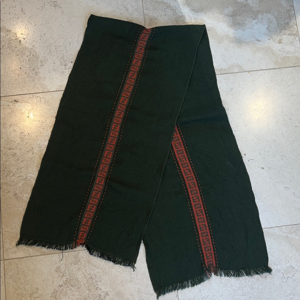 Vintage Fendi Dark Green w/Orange FF logo Wool Scarf - Picture 1 of 5